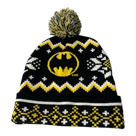 DC Comics Batman Winter Knit Pom Beanie Hat – Black Yellow White Fair Isle – One - Picture 2 of 5